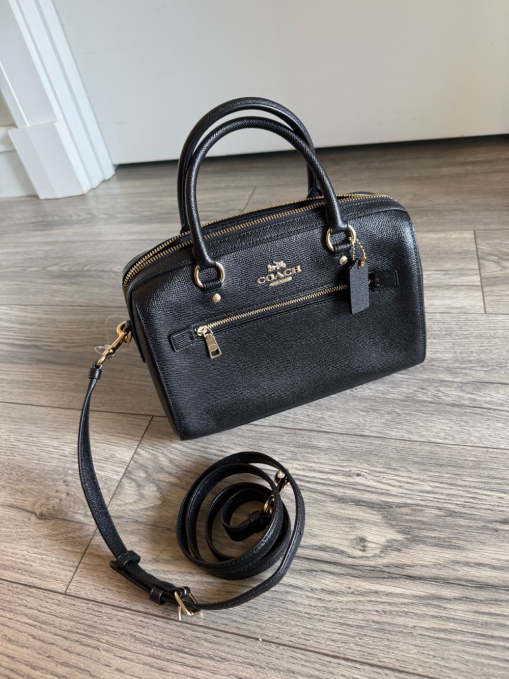 Black Leather Coach Mini Satchel with Gold Hardware